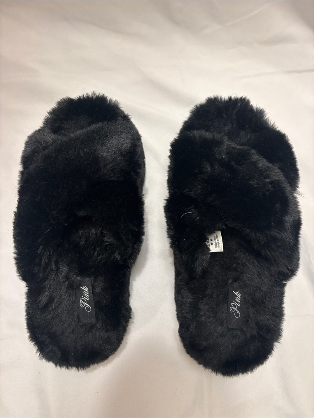 PINK Victoria's Secret Black Faux Fur Crossband Slide Slippers